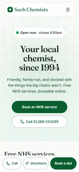 A pharmacy website preview showing live opening hours and bookable NHS services.
