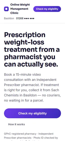 The patient marketing site demo with a prescription weight-loss headline and an eligibility call to action.